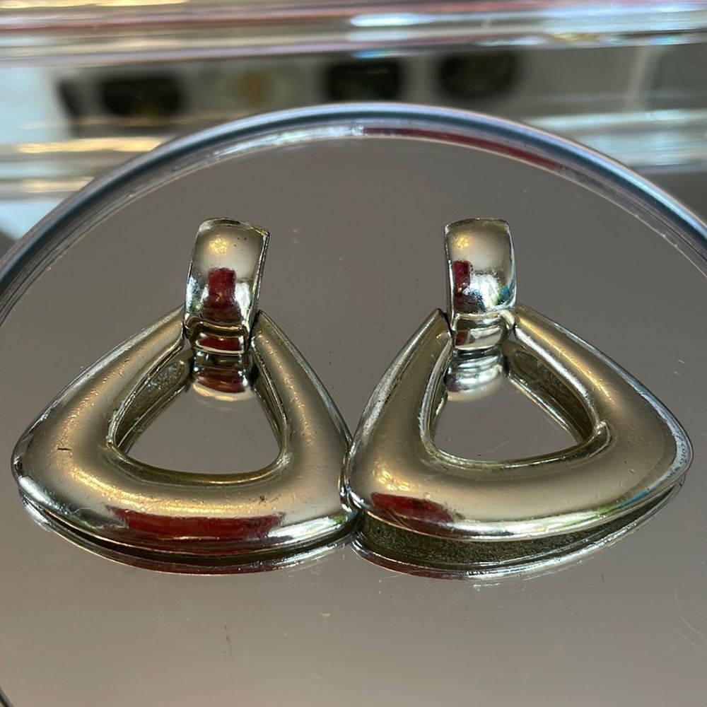 Silver tone drop open triangle door knocker post earrings‎
